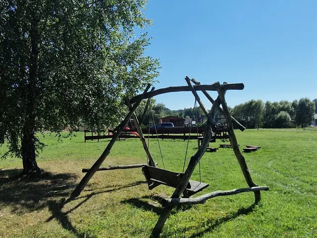 Drewniana huśtawka pod wierzbą, na otwartej łące przy domku