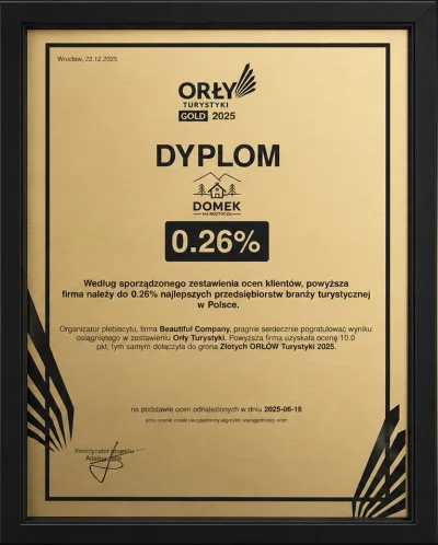 Dyplom Orły Turystyki GOLD 2025 dla Domku Na Roztoczu