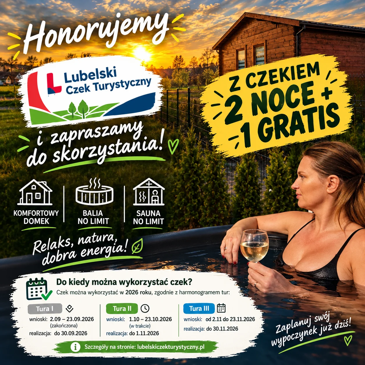 Honorujemy Lubelski Czek Turystyczny — z czekiem 2 noce + 1 gratis w Domku Na Roztoczu. Komfortowy domek, balia i sauna bez limitu. Czek można wykorzystać w 2026 roku zgodnie z harmonogramem tur.